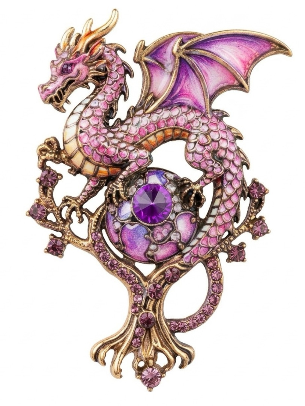 Pink Dragon Brooch with Purple Crystal Accent Brooch
